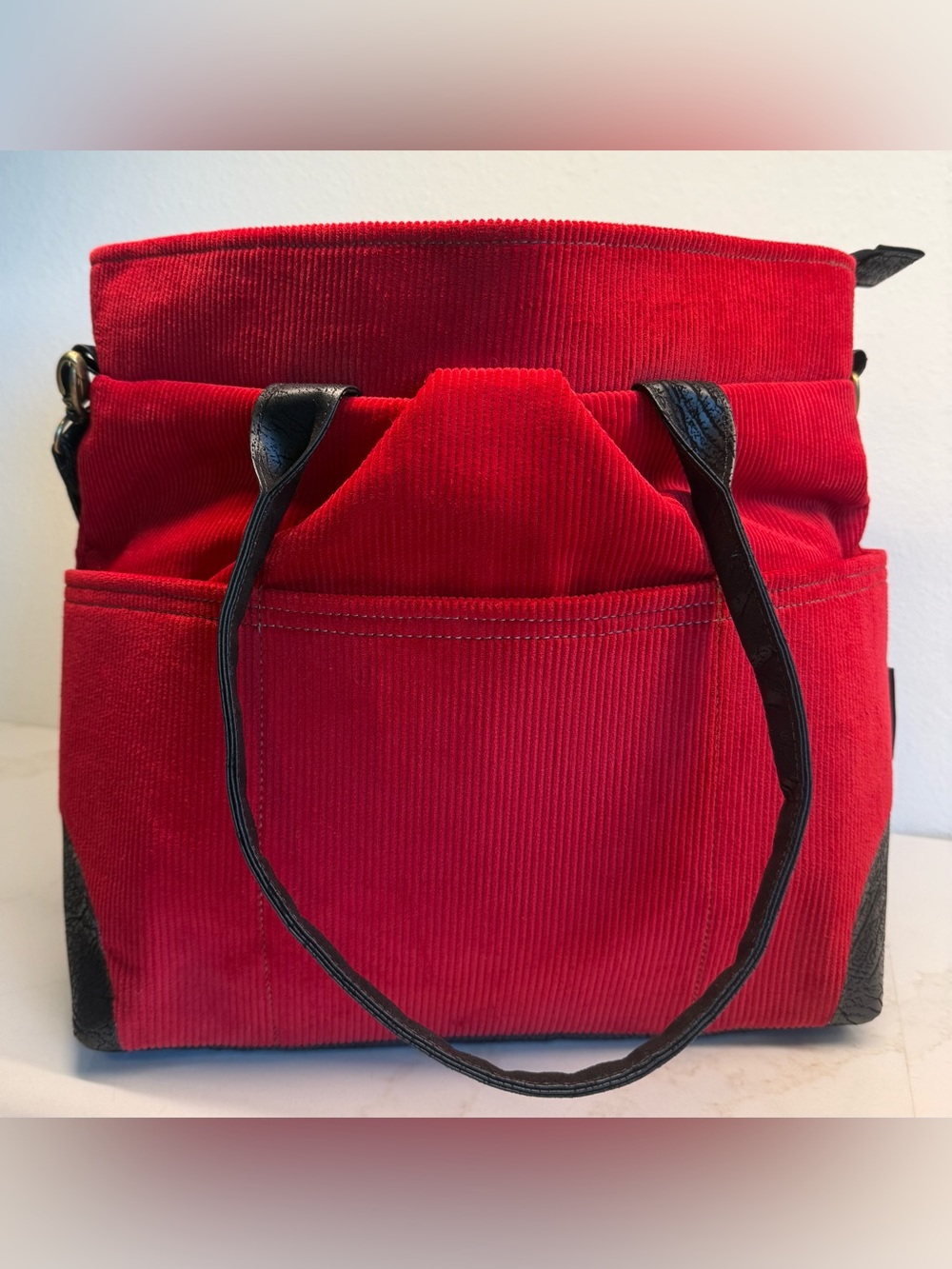Rebekah Scott Designs Phoebe Tote Bag Red Corduroy Black Checkerboard Lining NEW